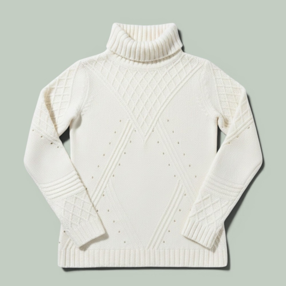 Venus Cream Cable Knit Turtleneck Sweater Women Small Diamond Pattern